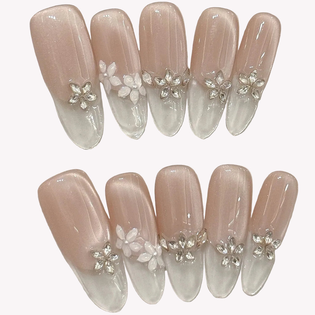 Nude Pink Crystal Flower French